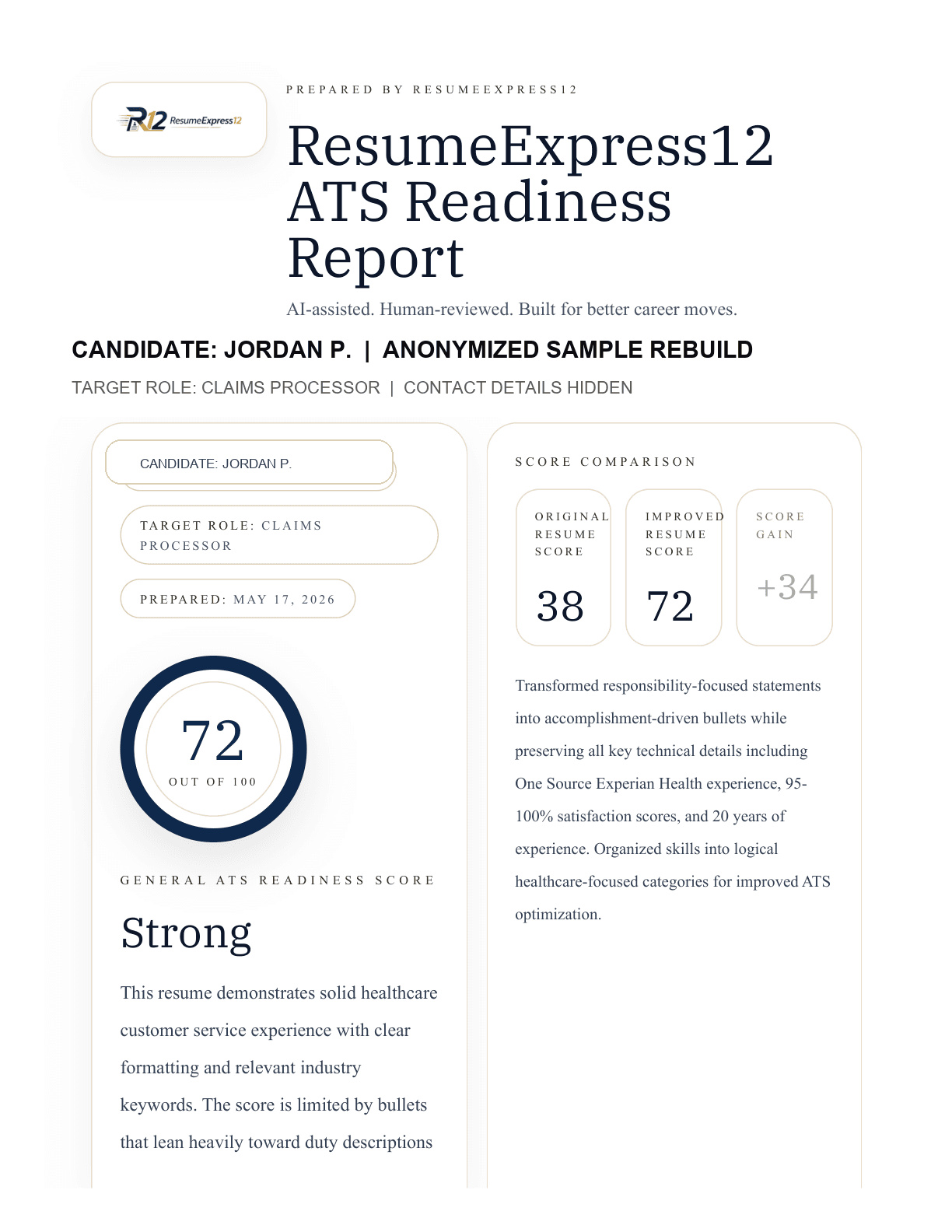 ResumeExpress12 score report preview
